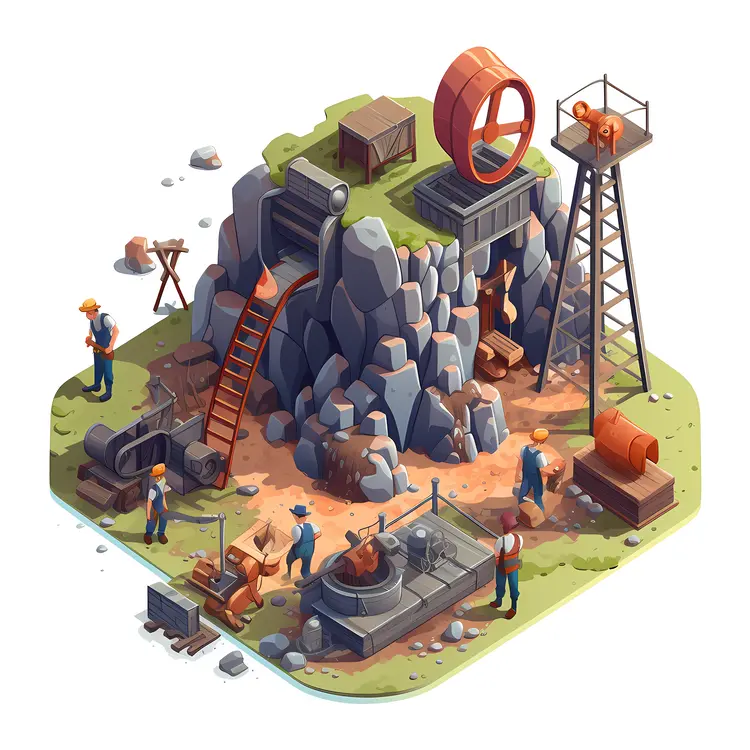 Mining Area with Workers and Machinery