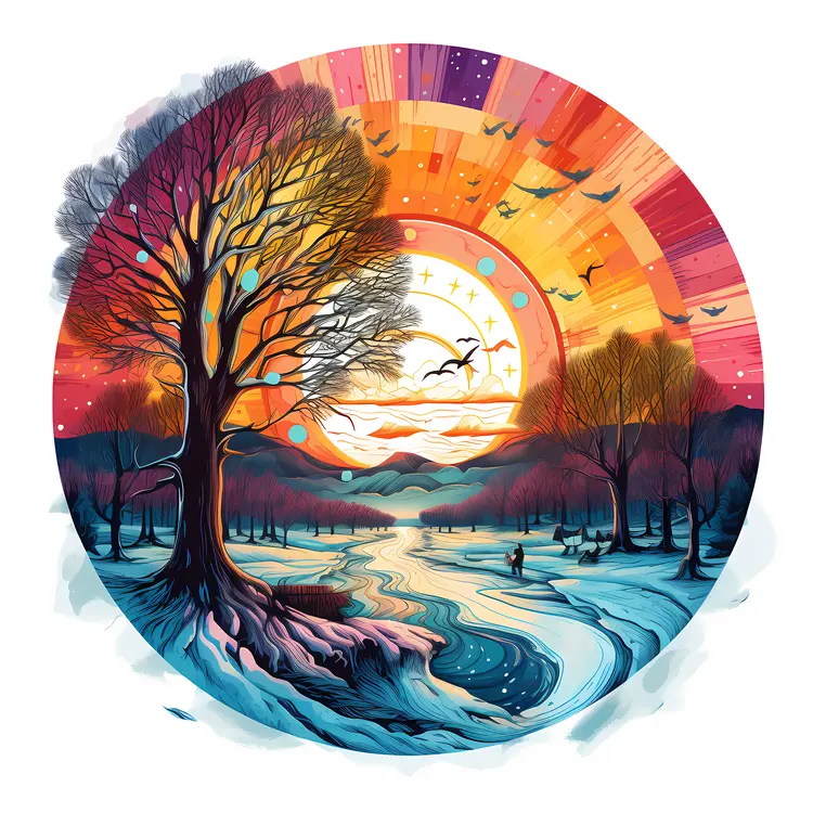 Colorful Winter Tree at Sunset
