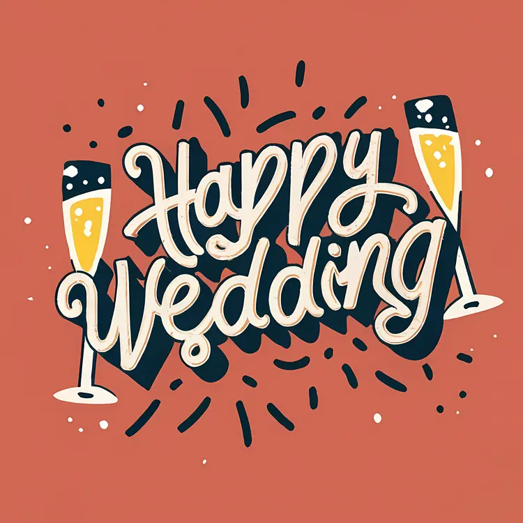 Happy Wedding Text with Champagne Glasses