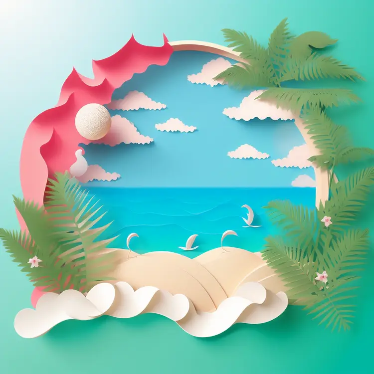 Beautiful Beach Scene with Palm Trees and Ocean Waves in Paper Art Style