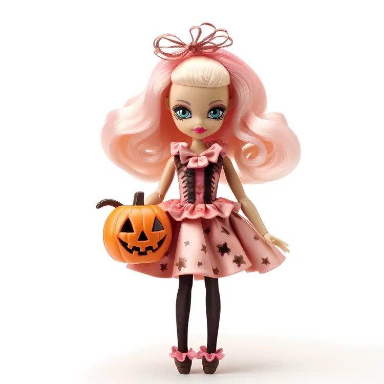 Doll with Pink Hair Holding a Pumpkin