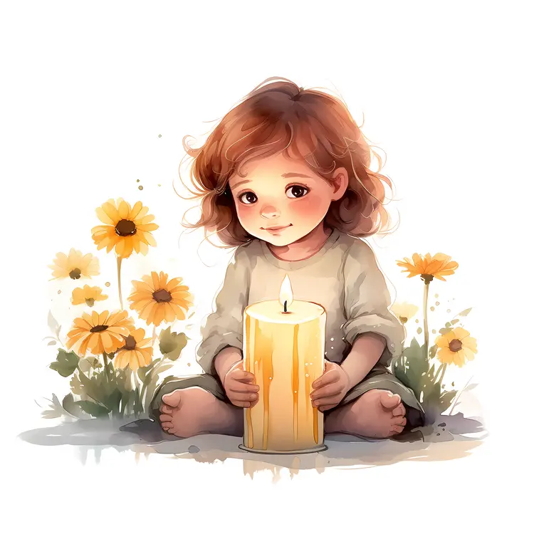 Cute Child Holding Candle with Yellow Flowers