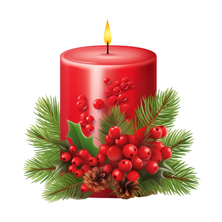 Red Candle with Pine Cones and Holly Leaves