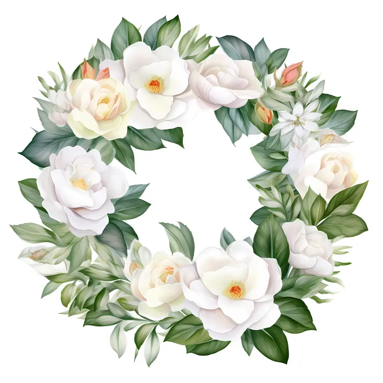 Beautiful Floral Wreath with White Flowers and Green Leaves