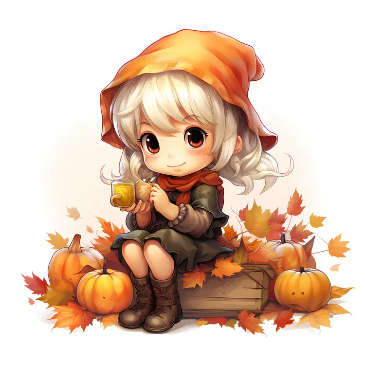 Cute Girl with Cup and Pumpkins