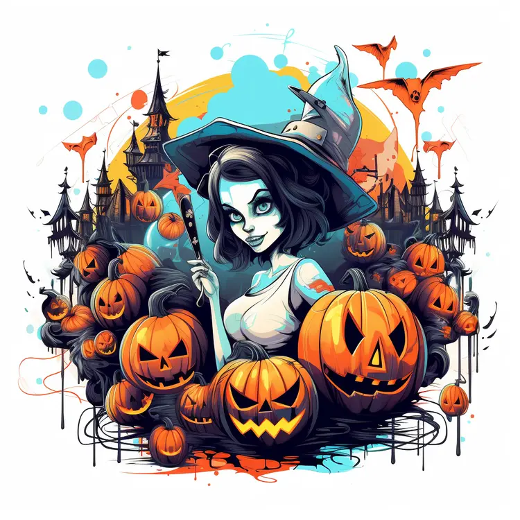 Witch with Pumpkins and Bats
