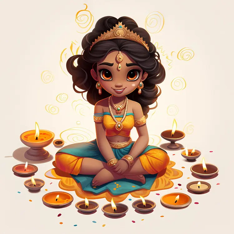 Girl with Diya Lamps Celebrating Diwali