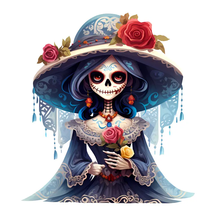 Elegant Sugar Skull with Hat and Roses