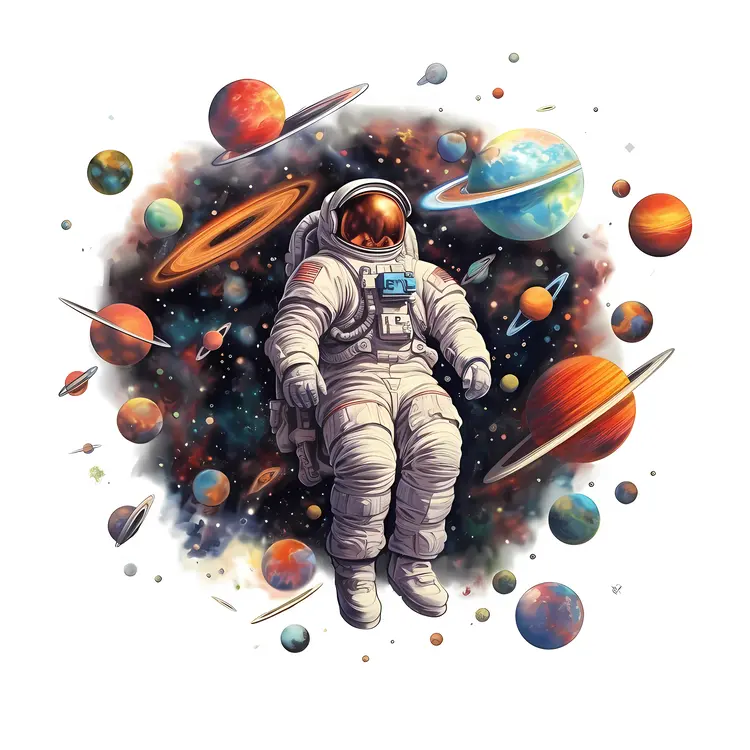 Astronaut Floating in Colorful Space with Planets
