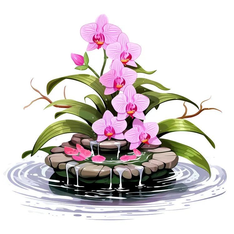 Pink Orchids on Stone Waterfall