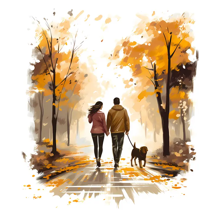 Couple Walking Dog in Autumn