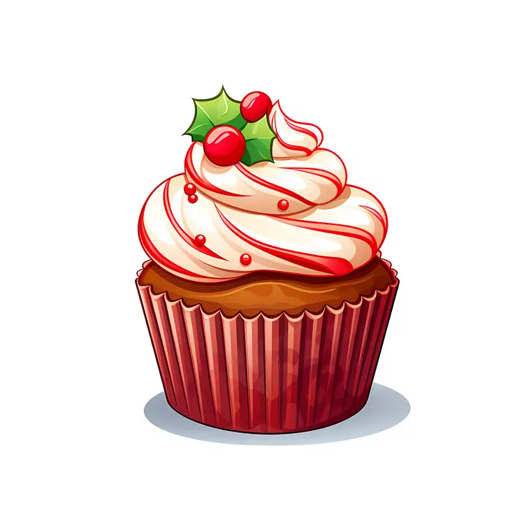Illustrated Christmas Cupcake with Holly and Berries