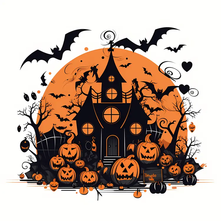 Haunted House with Pumpkins and Bats