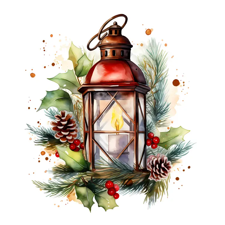 Red Lantern with Candle and Pinecones for Christmas