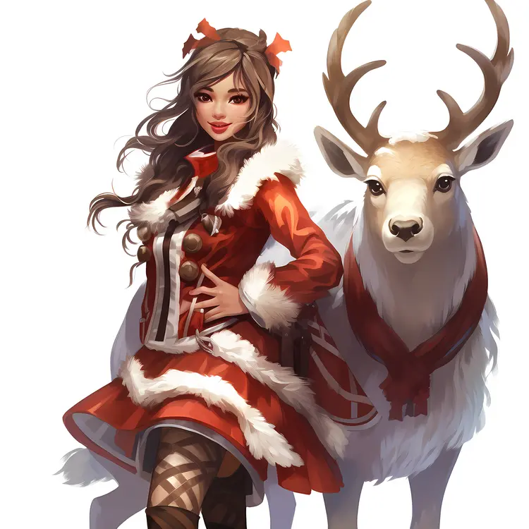 Girl with Reindeer in Christmas Outfit