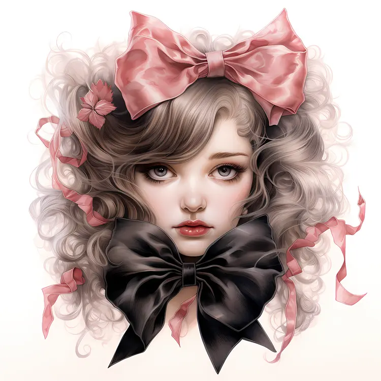 Illustration of Girl with Pink and Black Bows
