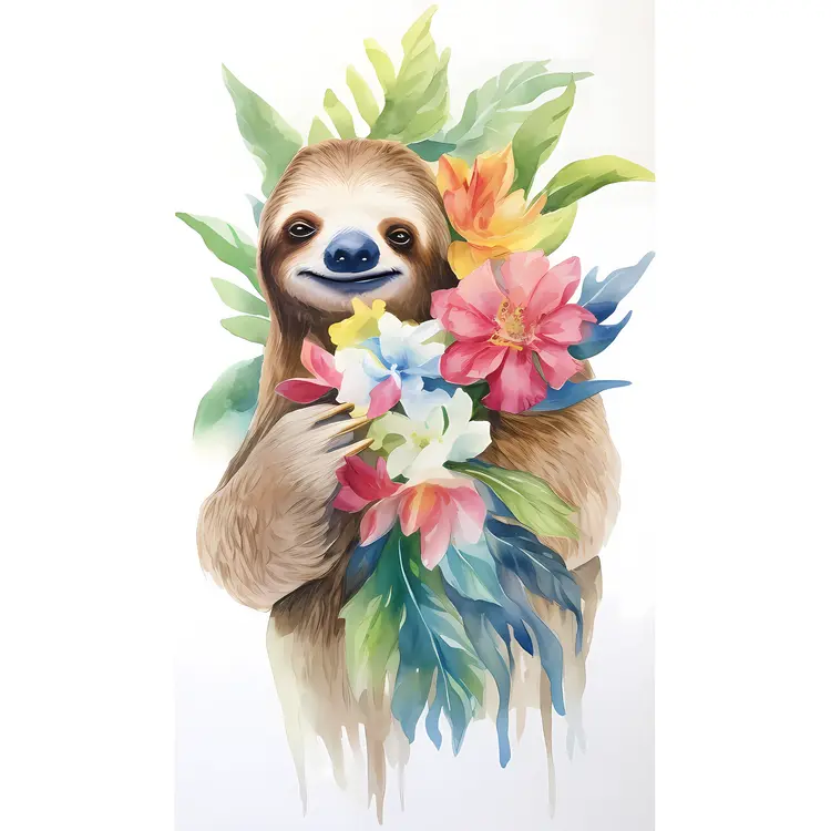 Cute Sloth with Colorful Flowers