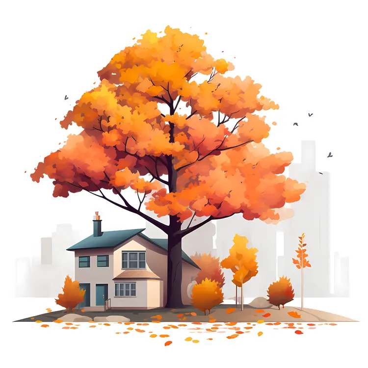 Small cute doodle house with autumn trees