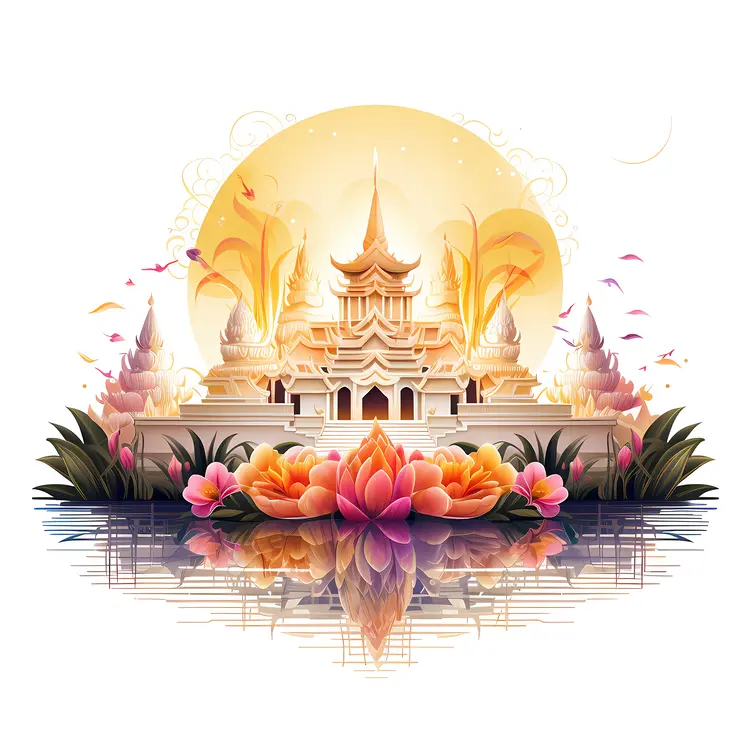 Temple with Lotus Flowers and Reflective Water