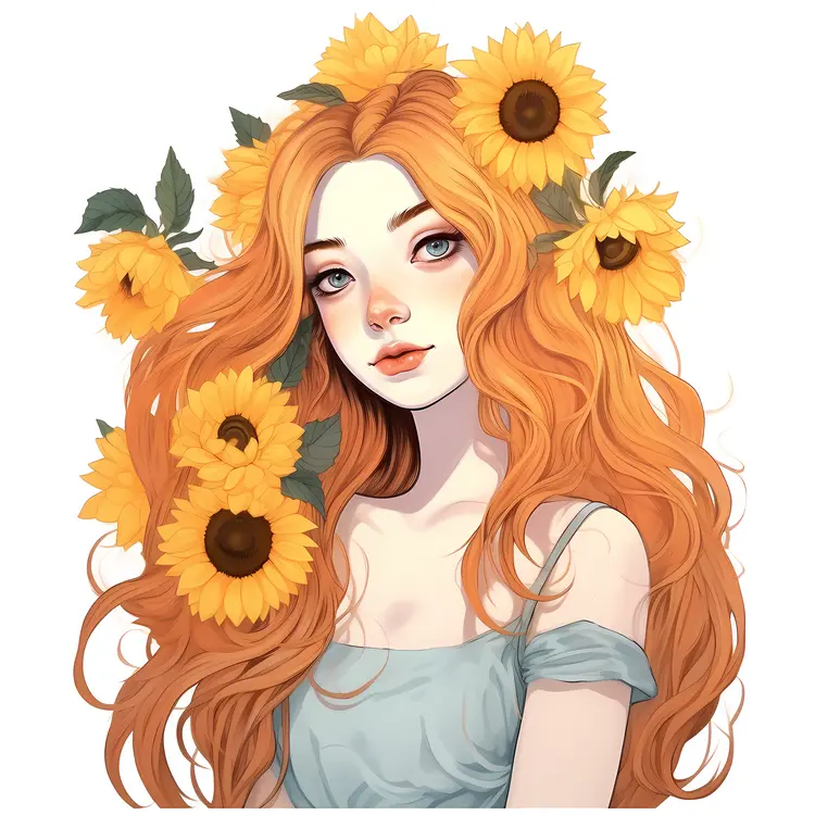 Beautiful Woman with Sunflowers in Hair