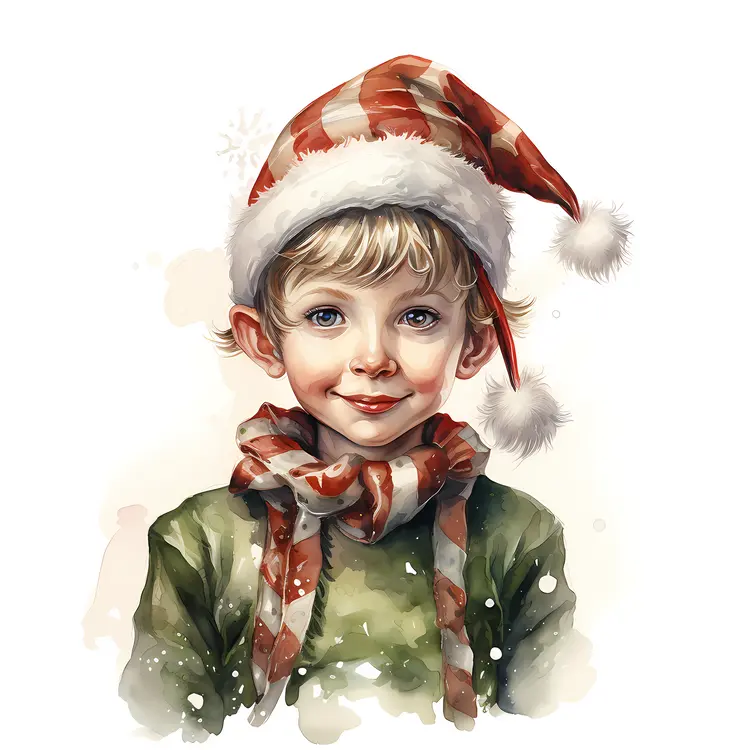 Smiling Boy in Christmas Hat and Scarf