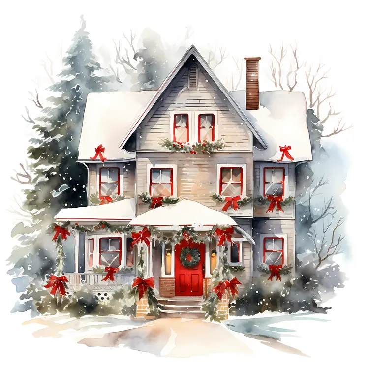 Snowy House with Christmas Decorations