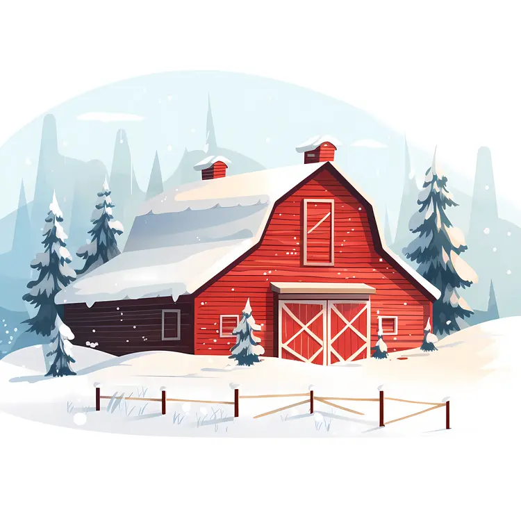 Red Barn in a Snowy Forest