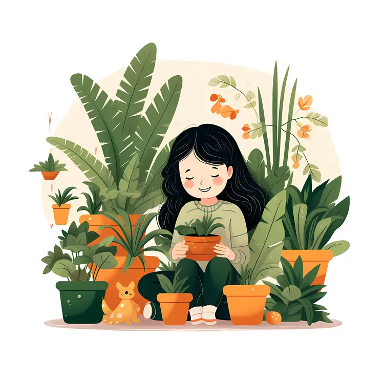 Girl with Potted Plants Illustration