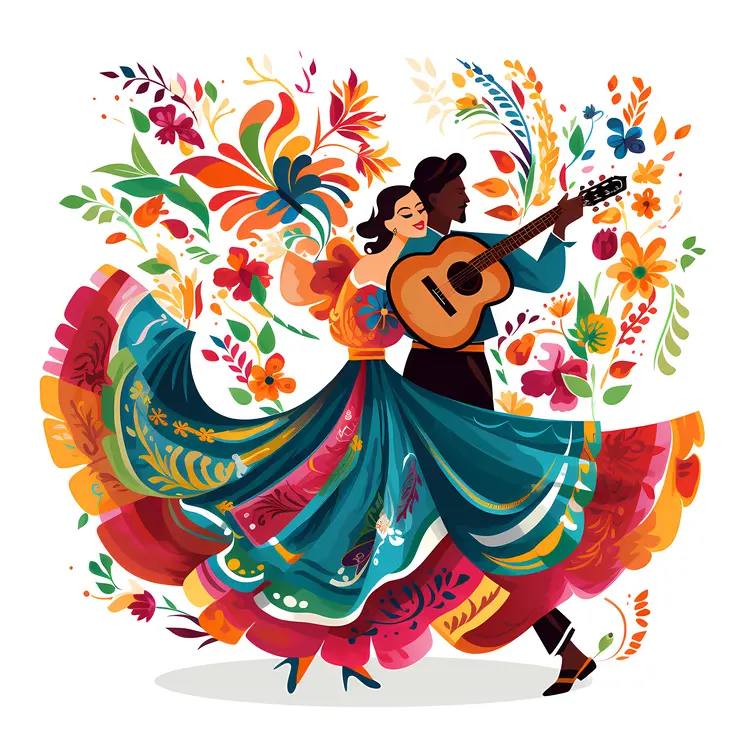 Colorful dancers with guitar and flowers
