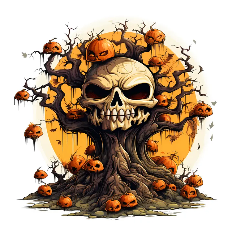 Tree with Skull and Pumpkins