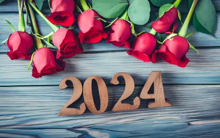 2024 with Red Roses on Wooden Background
