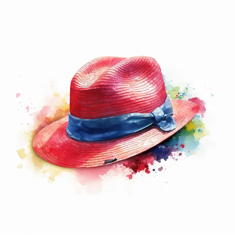 Watercolor Red Hat with Blue Ribbon