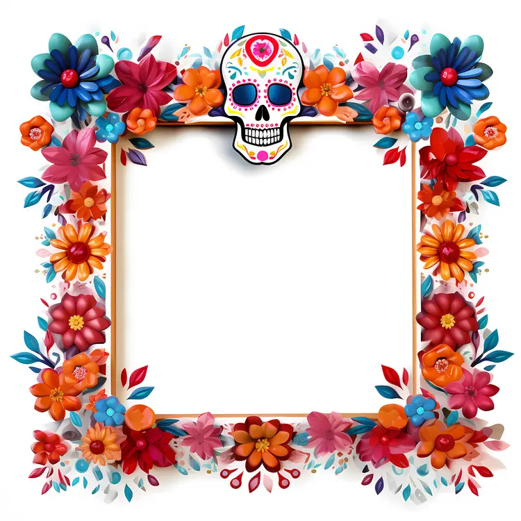 Colorful Floral Frame with Small Skull for Day of the Dead