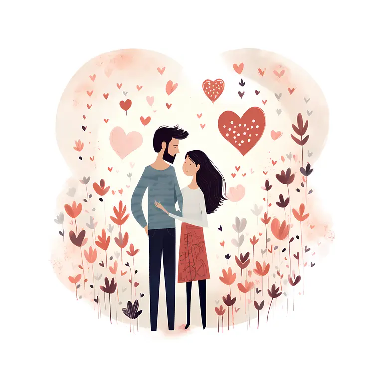 Couple in Love Surrounded by Hearts and Flowers