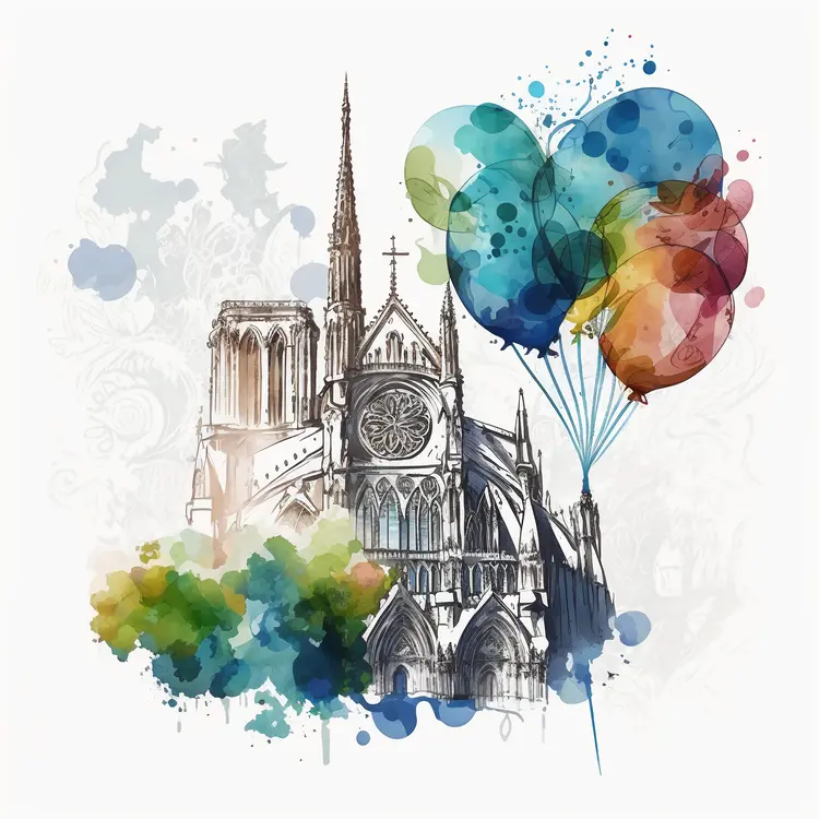 Watercolor Cathedral with Colorful Balloons