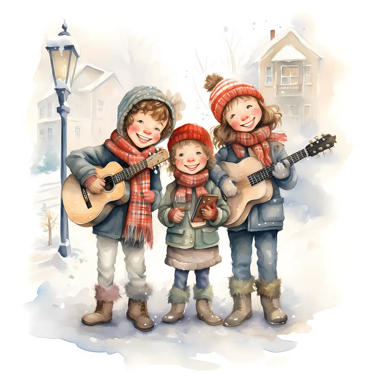 Caroling Children with Guitars in Winter