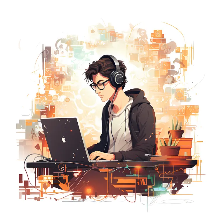 Person with Laptop and Headphones