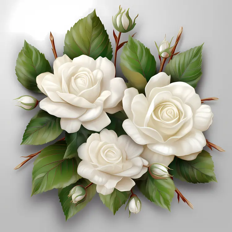 White Roses with Buds and Leaves