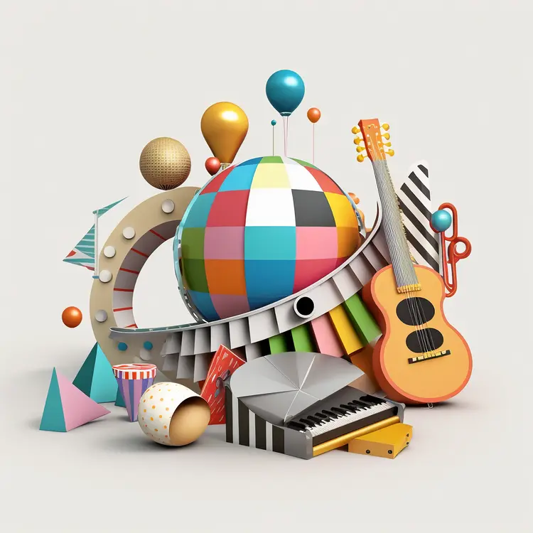 Colorful Sphere with Musical Instruments and Geometric Shapes