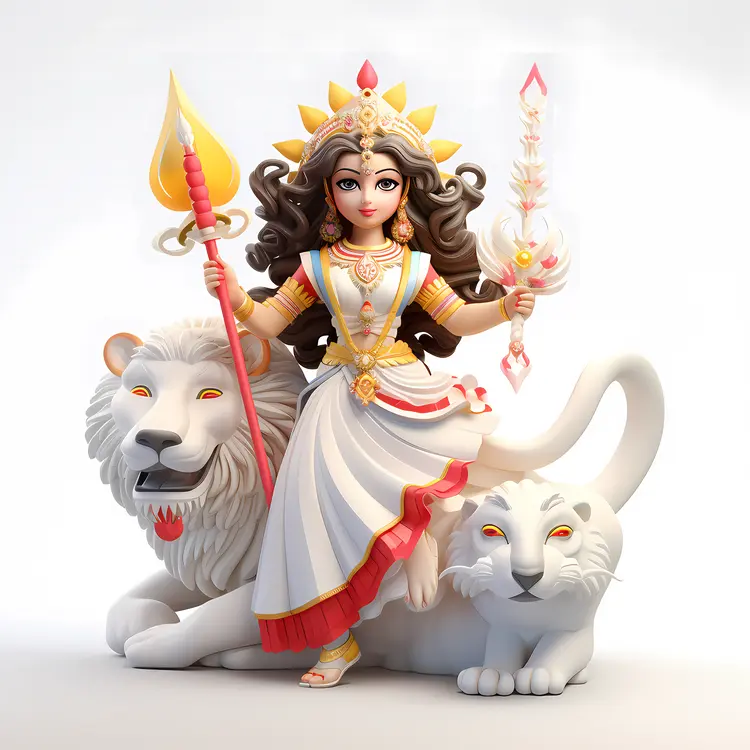 Divine Goddess in White with Lion and Trident