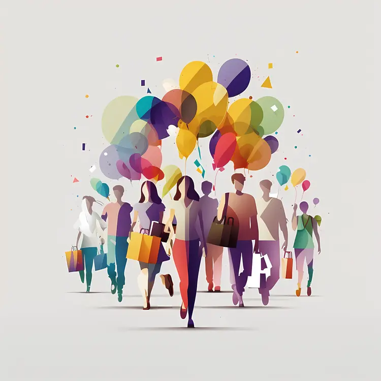 Group of People with Colorful Balloons and Shopping Bags