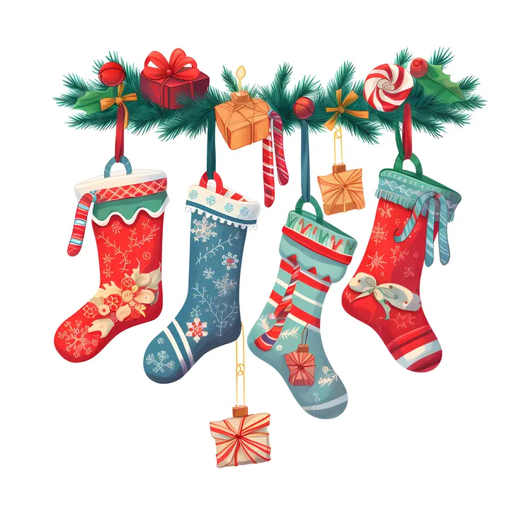 Colorful Christmas Stockings with Gifts and Garland