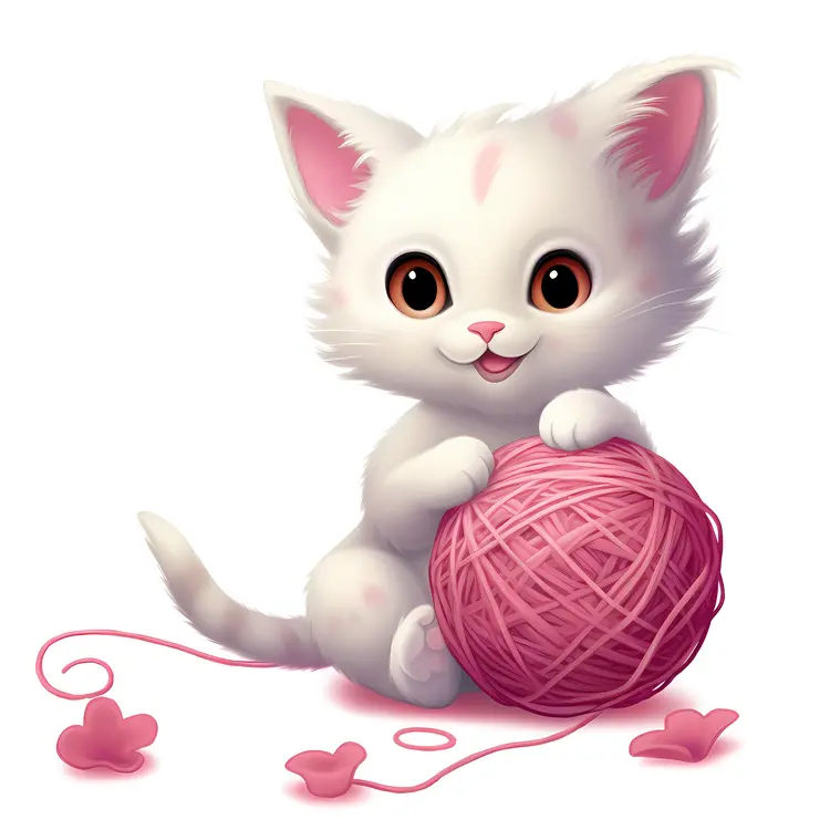Cute Kitten Playing with Pink Yarn Ball