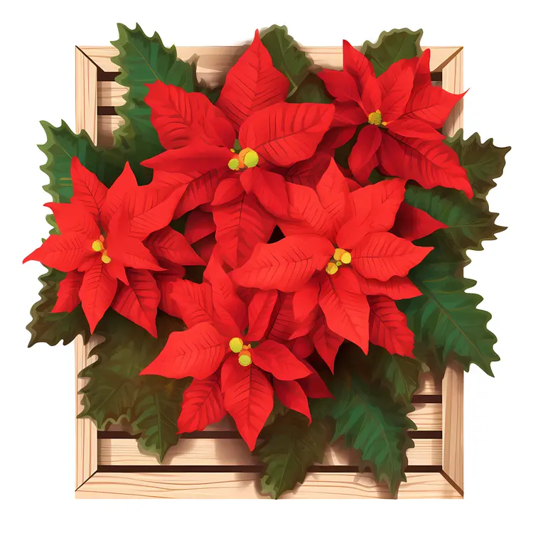 Top View of Red Poinsettia in Slatted Wooden Box