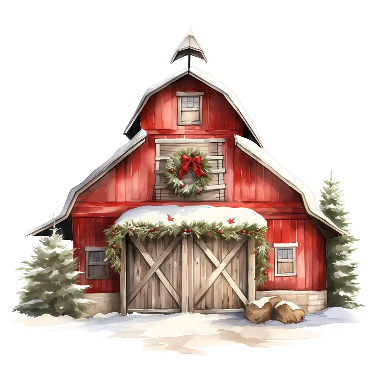 Red Barn in Snowy Christmas Setting