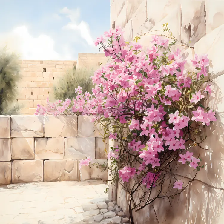 Stone Wall with Pink Flowers