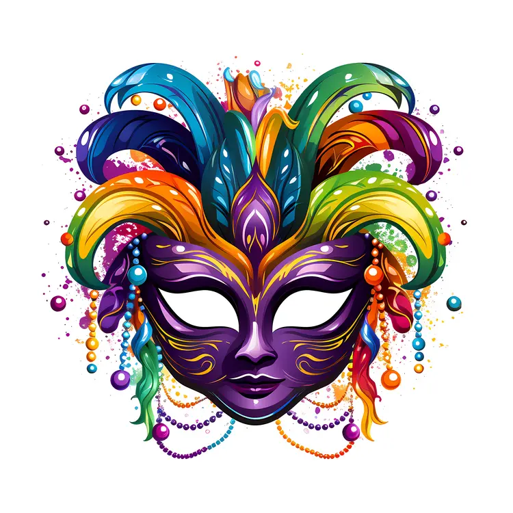 Colorful Mask with Feathers and Beads for Mardi Gras