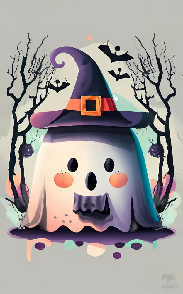Cute ghost with witch hat and spooky face