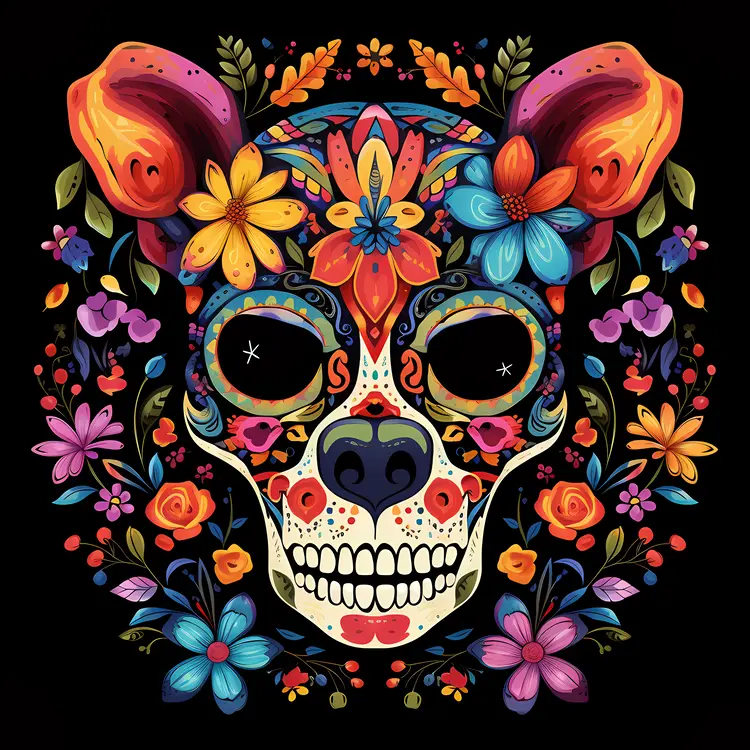 Colorful Sugar Skull with Floral Decorations for Day of the Dead