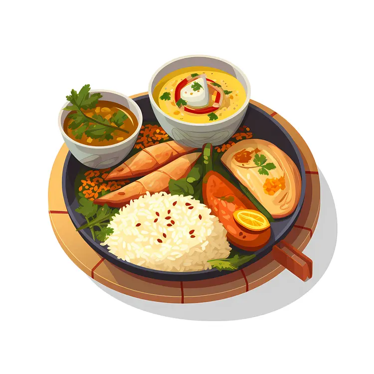 Fish and Rice with Soup and Vegetables